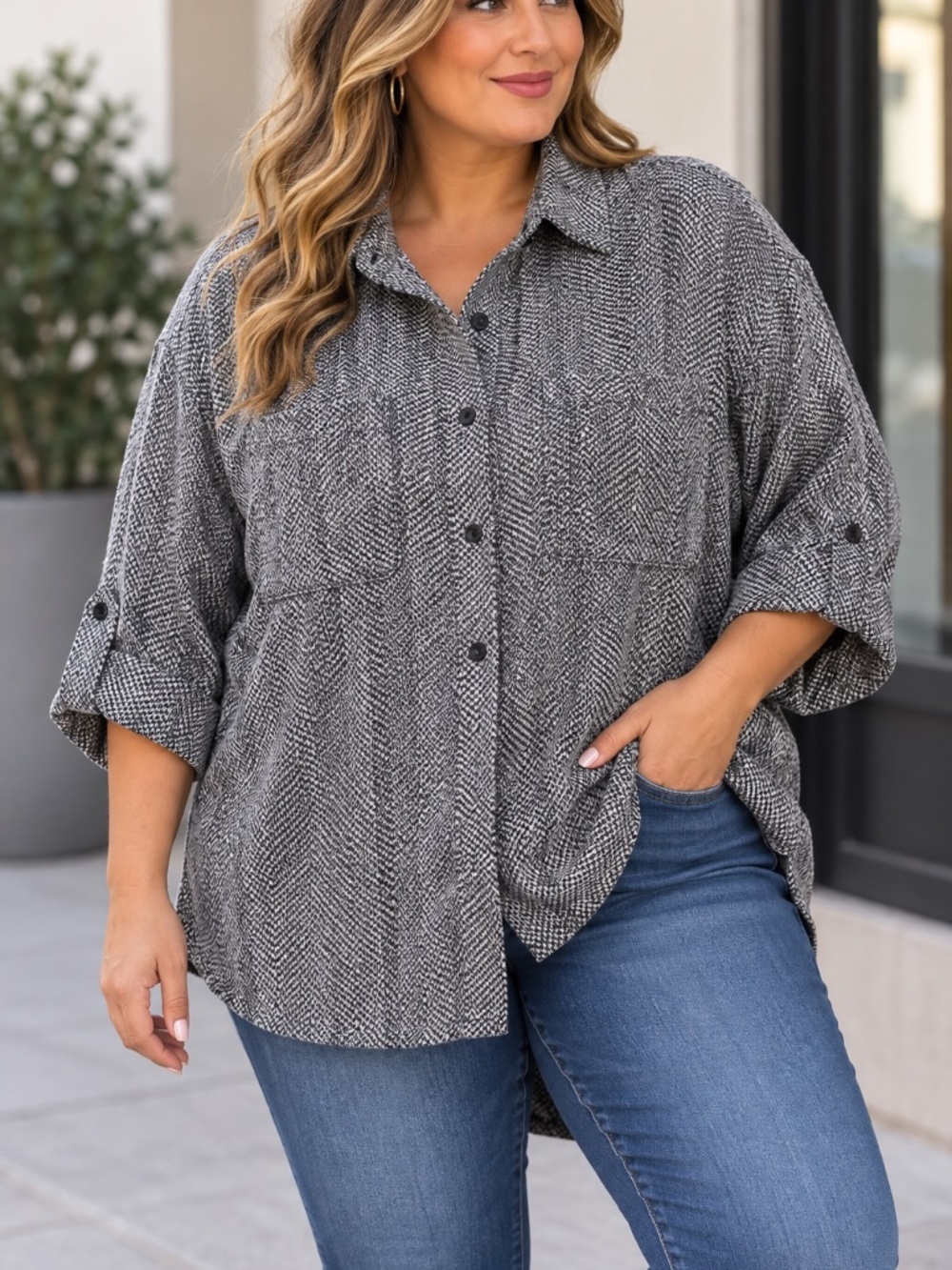 Athleta Textured Shirt Jacket Womens Size 1X Black White Snakeskin Collared